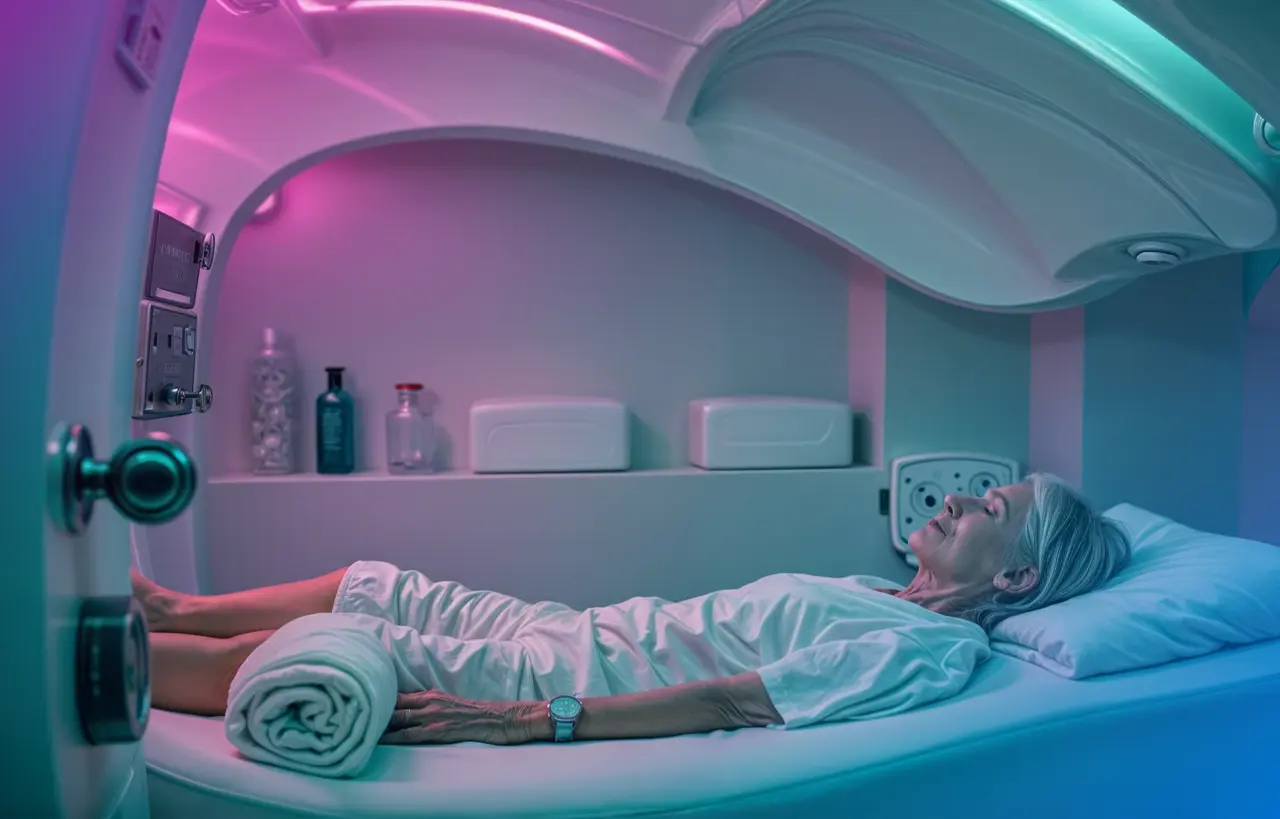 Adulto mayor relajándose en sesión de flotación para mejorar longevidad